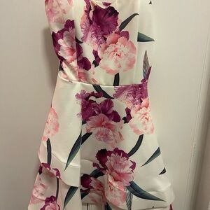 January 7 Pink and White Floral One Shoulder Midi Formal Dress
